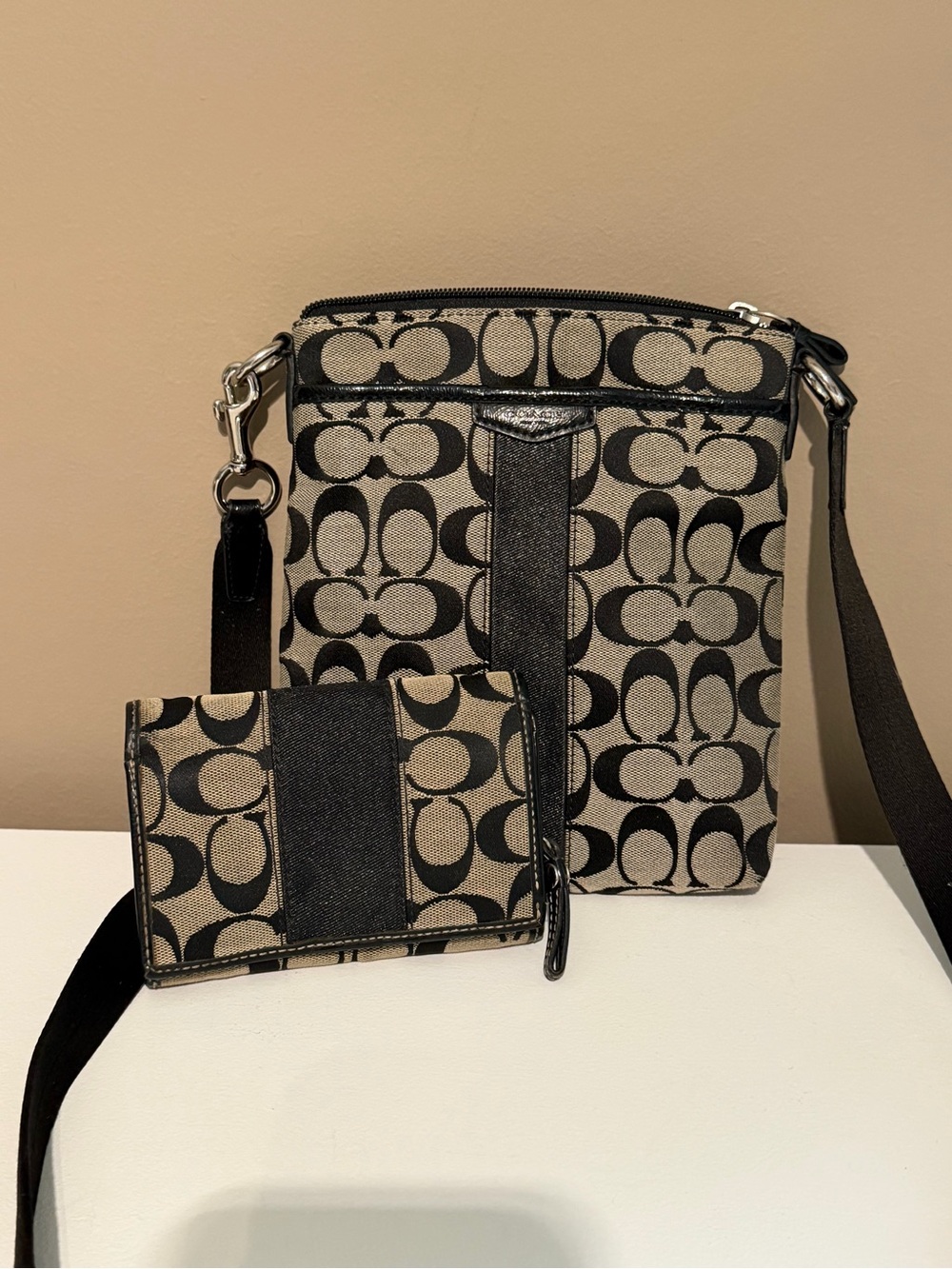 Coach Signature Crossbody and Wallet Set in Black and Tan